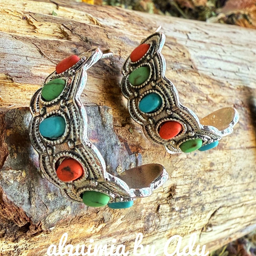 Silver chunky colorful turquoise earrings - Picture 1 of 2